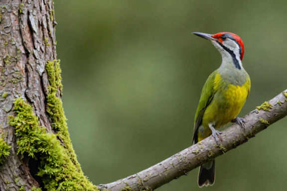 the european green woodpecker is a colorful bird with striking red, yellow, and green plumage, known for its distinctive appearance and elegant demeanor in the wild.